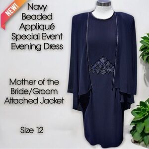 NEW Navy Beaded Appliqué Mother of the Bride/Groom Special Event Evening Dress
